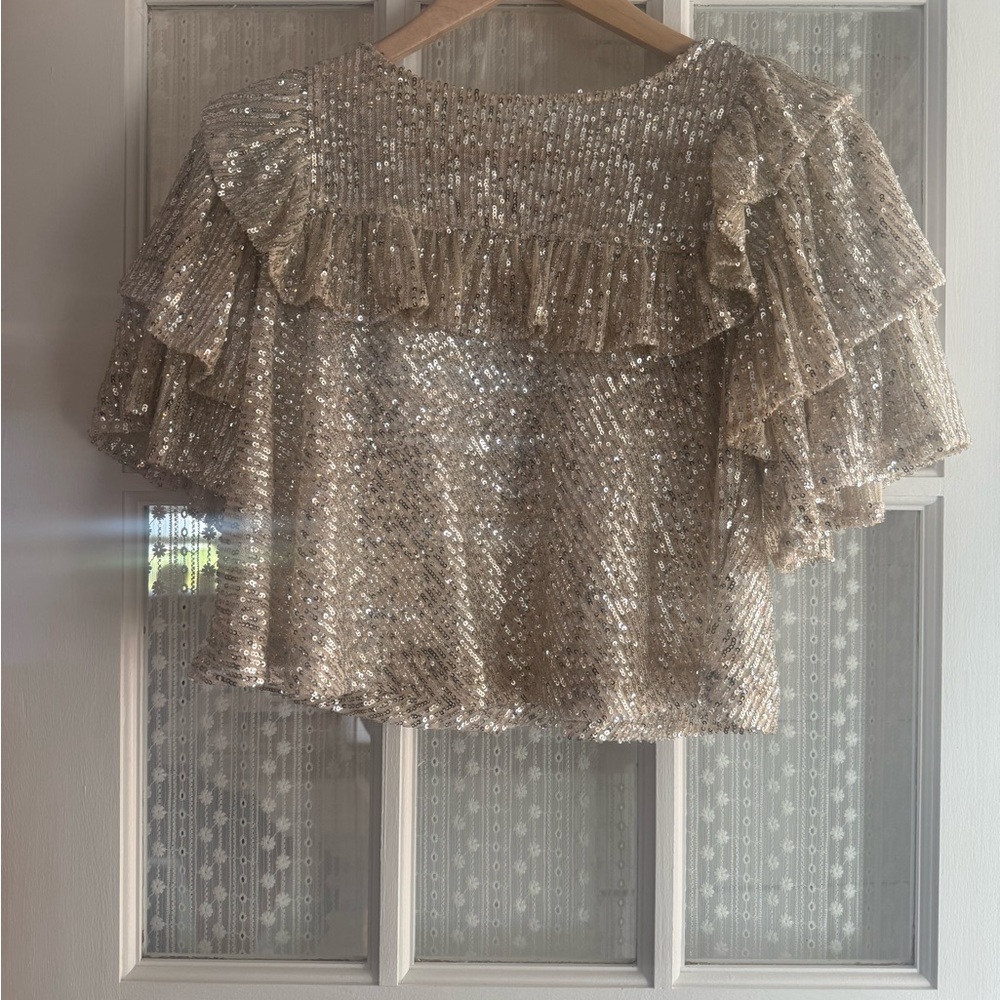 Free People Gold Sequin Ruffle Short Sleeve Top - Picture 8 of 10